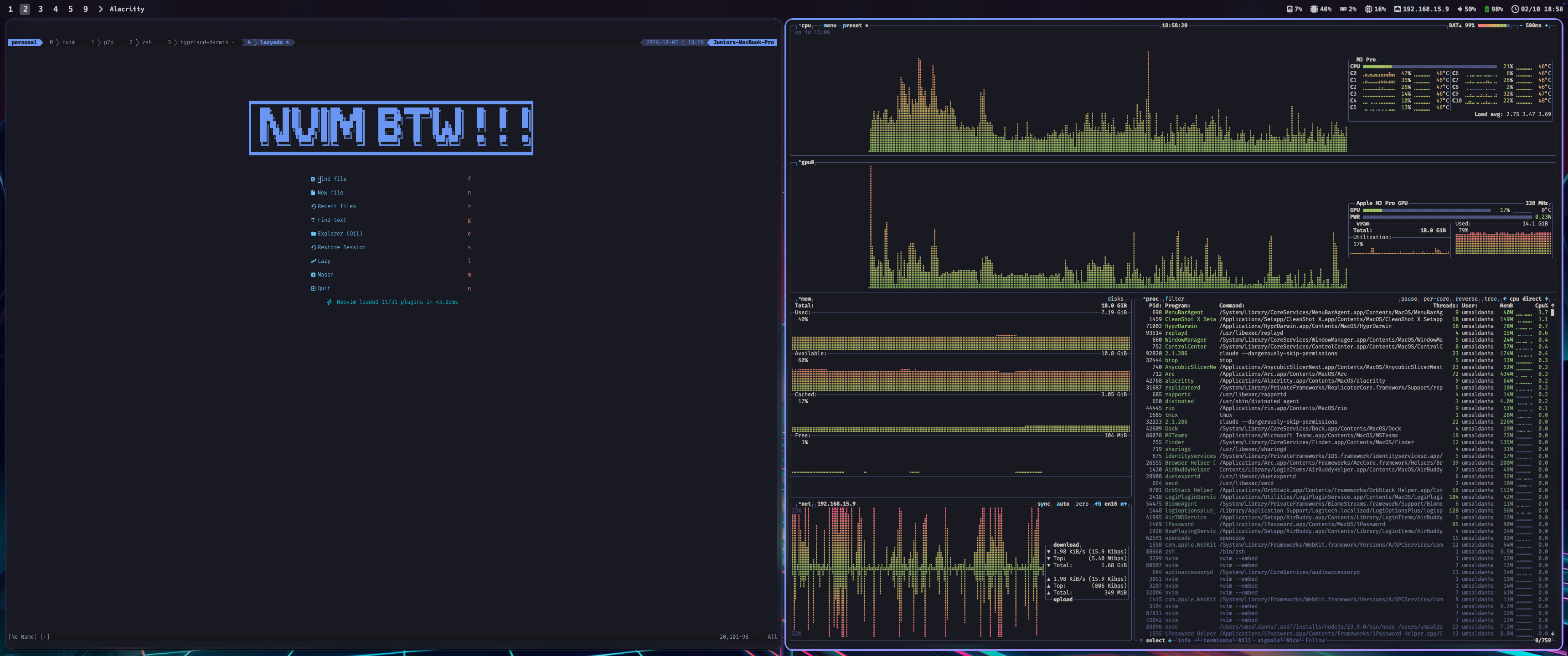 HyprDarwin on a 3440×1440 ultrawide: Neovim and btop tiled, the status bar with workspaces and system widgets, a gradient border on the focused window